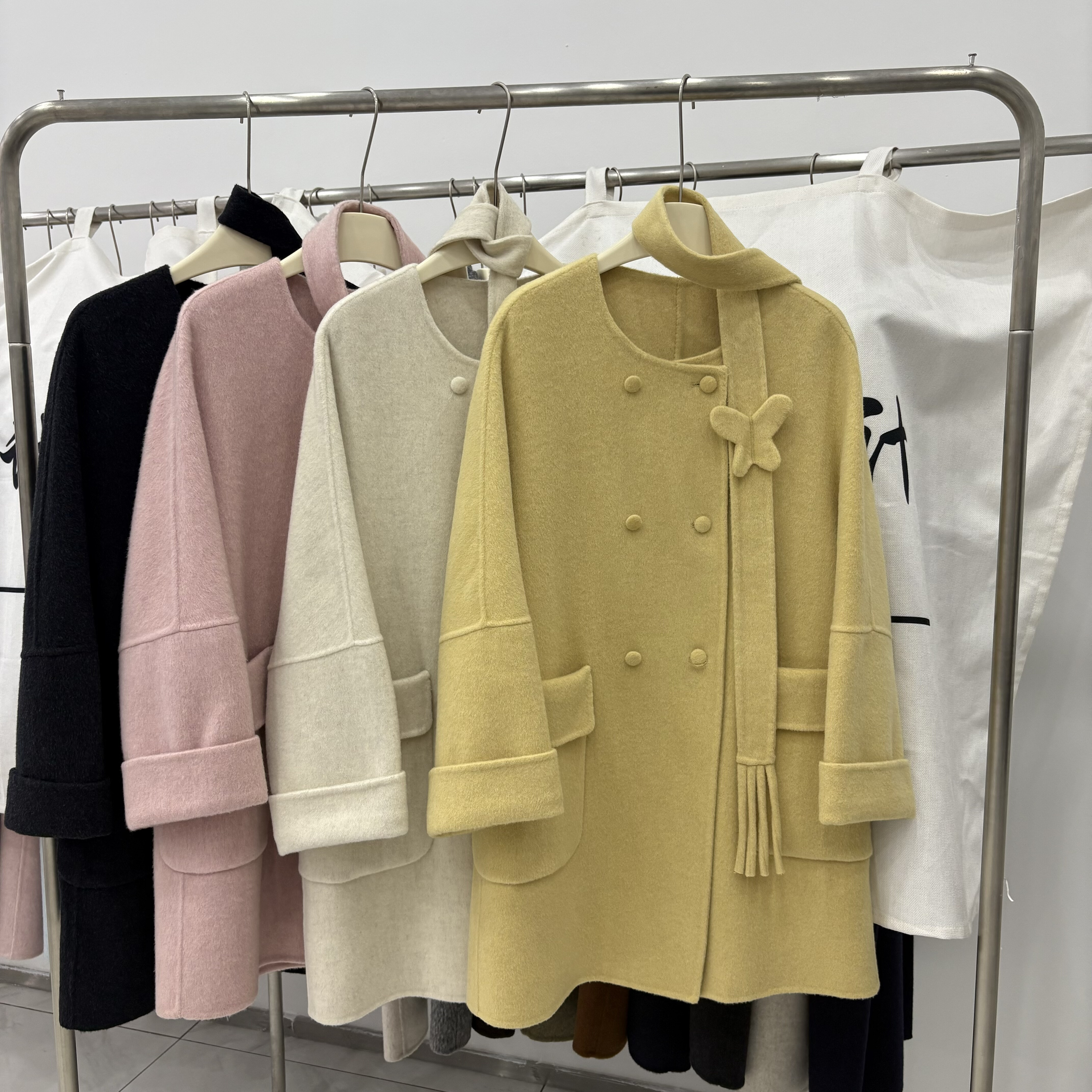 2025秋冬新款双面羊绒大衣女中长款圆领宽松显瘦蝴蝶结羊毛外套女