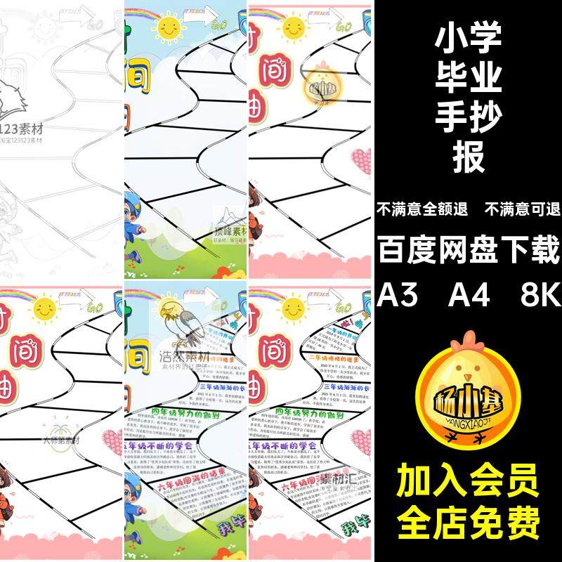 小学毕业手抄报六线描涂色A3 A4 8K模板成长时间轴小报年级空白