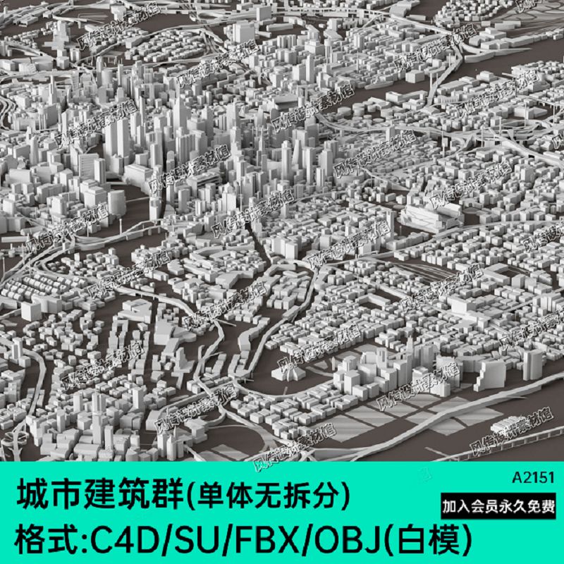 3D现代城市建筑群C4D鸟瞰概念城镇FBX模型OBJ单体低模Blend maya