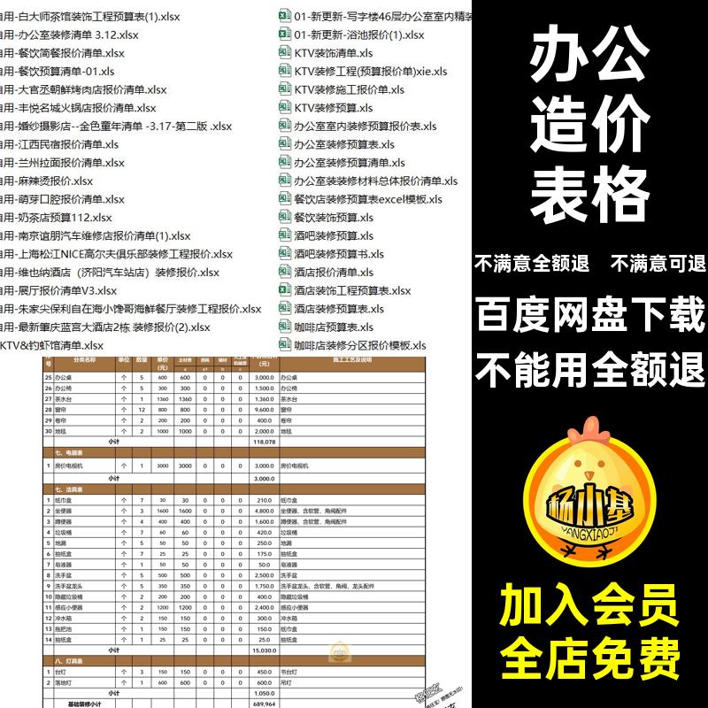 工程预算表格酒店餐饮餐厅工装装修造价清单材料酒吧报价表办公