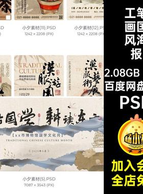 中式古风国风工笔画围炉煮茶汉服艺术展插画海报展板PSD设计素材