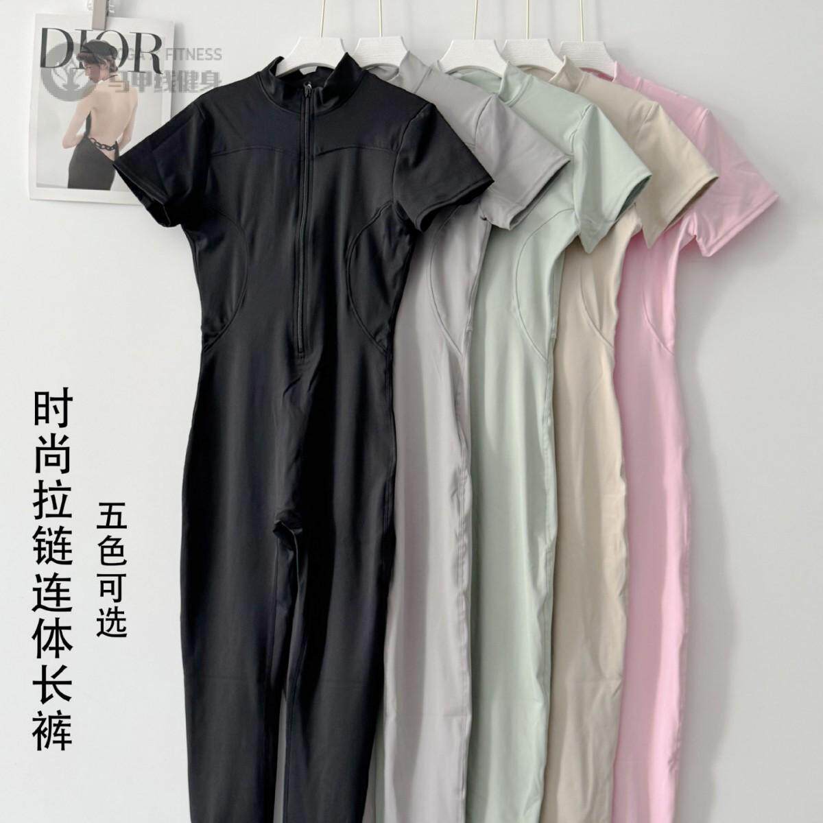 欧美拉链短袖裸感瑜伽连体服女外穿跑步健身运动连体紧身衣长裤