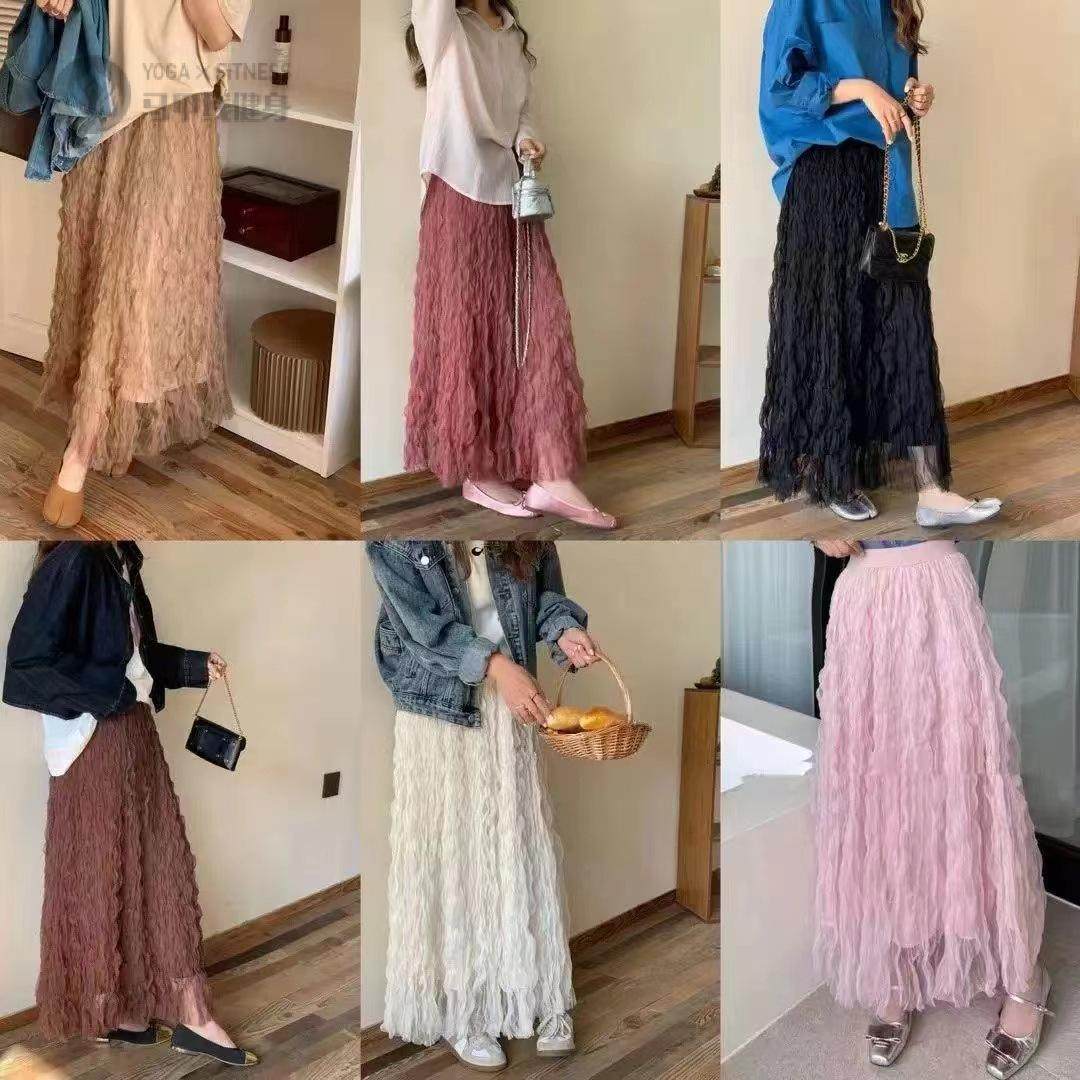 波浪卷压褶网纱裙百褶半身裙女中长款褶皱白色仙女a字纱裙森系