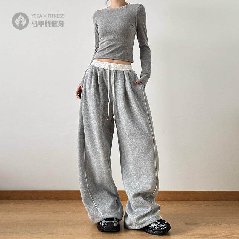 抽绳运动休闲裤女2024秋季新款拼接显瘦阔腿裤直筒百搭宽松拖地裤
