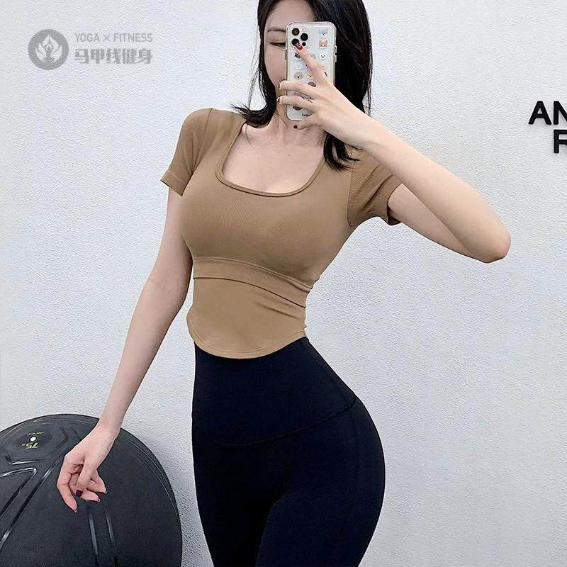 固定式胸垫瑜伽短袖修身显瘦运动上衣女夏垫款跑步健身服美背恤