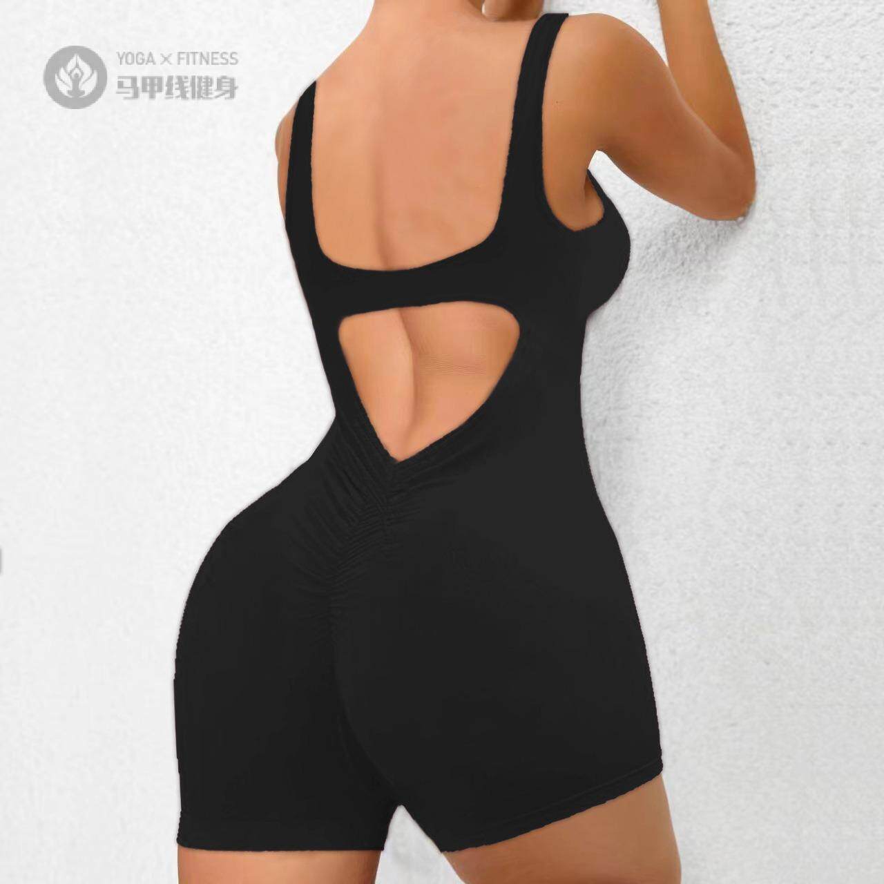 欧美欧美性感美背镂空瑜伽健身裤运动女带胸垫短裤连体衣