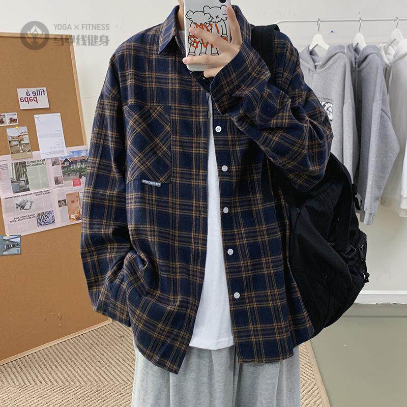 春秋款长袖格子衬衫男宽松潮流学生休闲复古帅气外穿磨毛衬衣外套