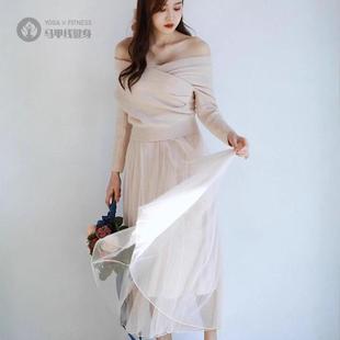 韩国东大门补单爆款V领针织毛衣配网纱连衣裙长裙两件套