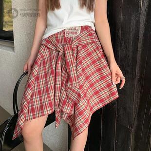 复古显瘦格子不规则半身裙2025春款韩系百搭显瘦小个子A字裙