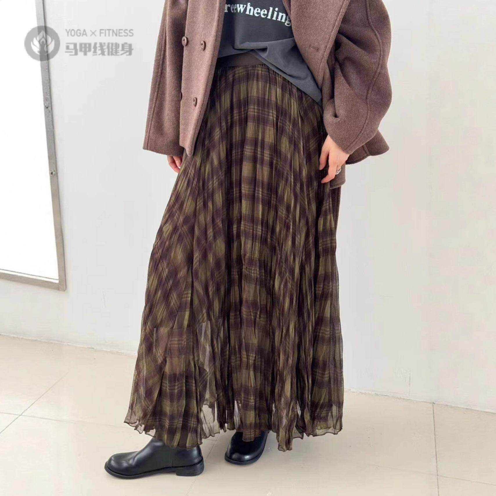 百褶格子高腰显瘦A字半身裙女