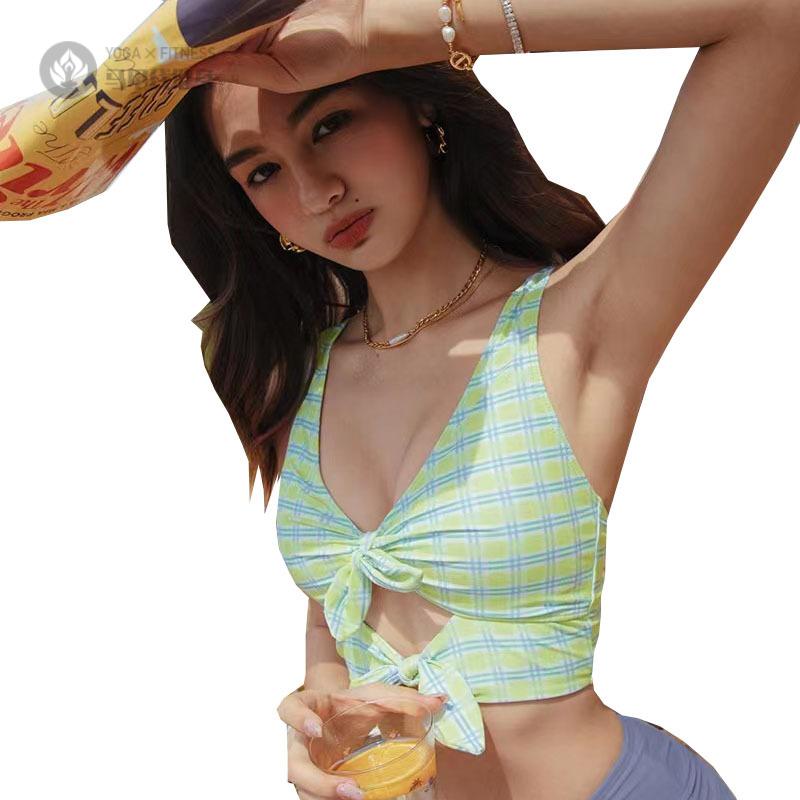 韩版瑜伽背心女甜美格子印花系带
