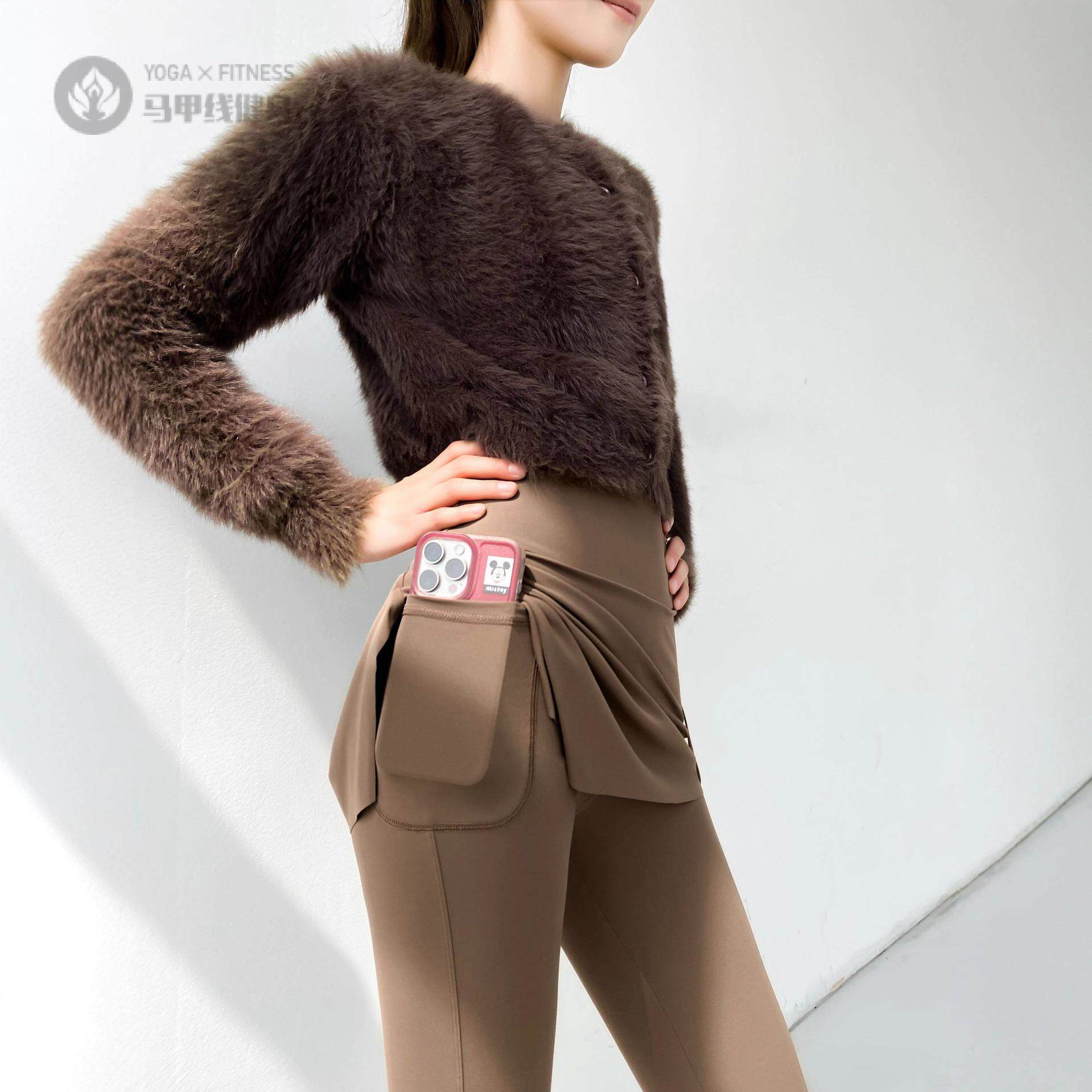 韩版口袋打底裤新款拼接裙裤子女瑜伽运动跑步裤高弹薄款喇叭裤