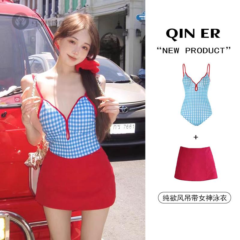 泳衣女款吊带连体两件套复古格子修身显瘦露背甜美泡温泉泳衣现货