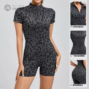 欧美豹纹拉链紧身瑜伽连体短裤女一体式舞蹈健身运动连体服服速干