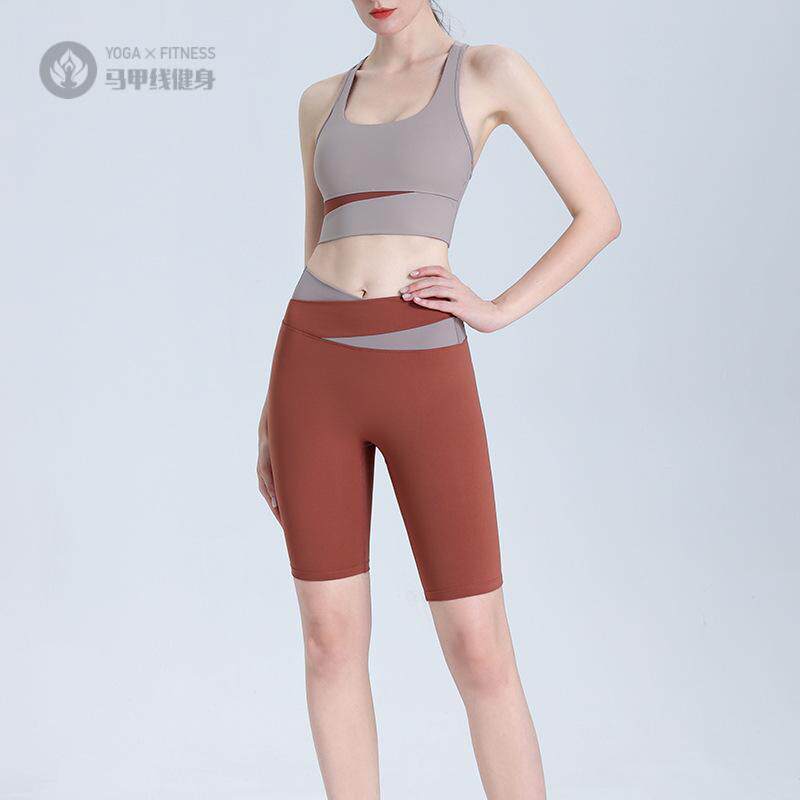 拼色瑜伽服女高强度工字防震运动内衣健身跑步紧身五分短裤套装夏