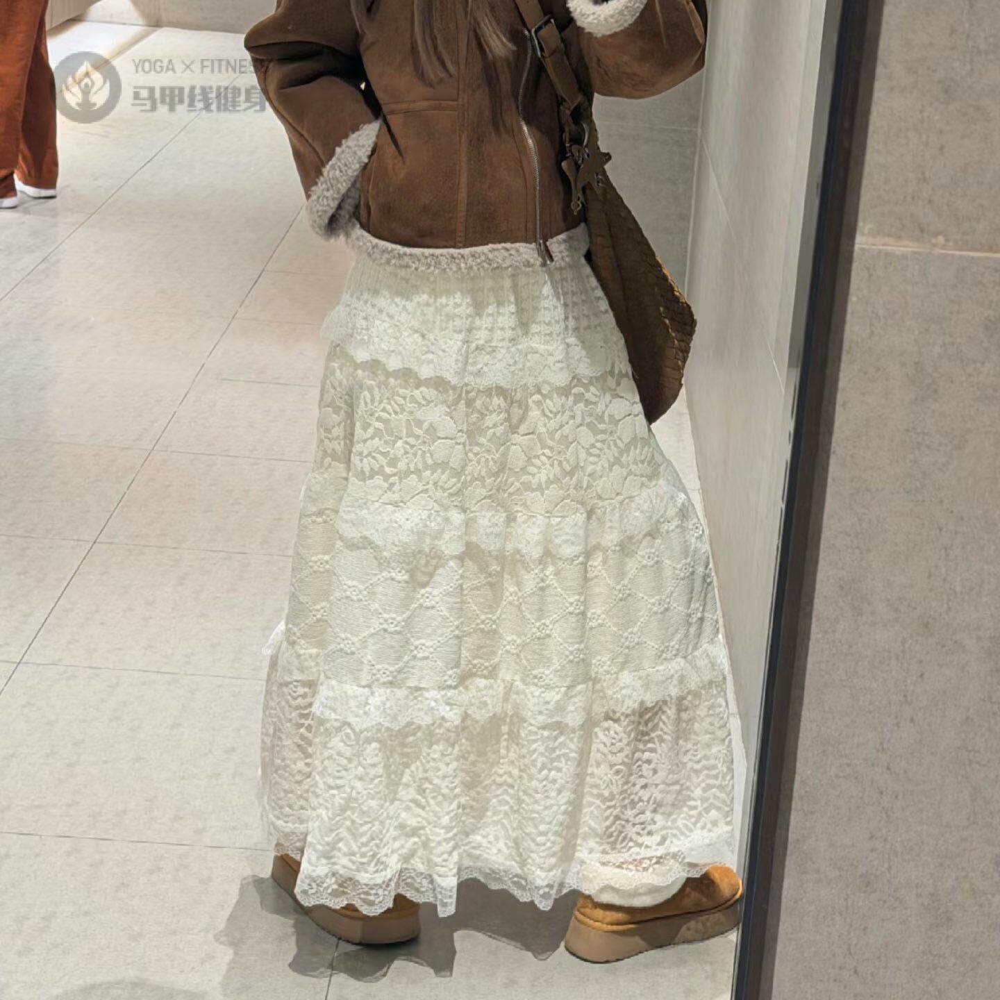 韩系奶油风甜美蕾丝花边拼接半身裙女秋冬加绒加厚A字毛绒感长裙