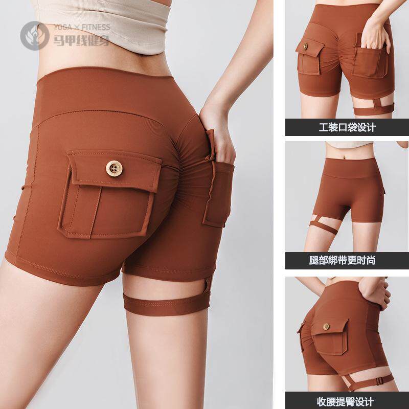 性感健身短裤女紧身欧美提臀运动裤跑步三分裤训练热裤绑带瑜伽裤