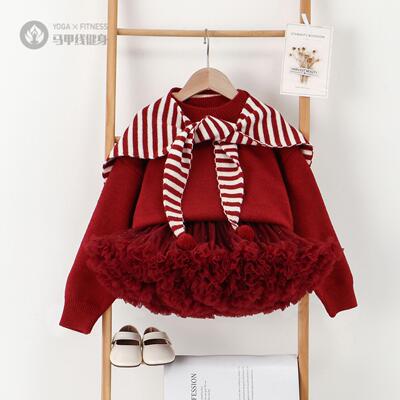 新款韩版女童红色披肩毛衣+秋冬