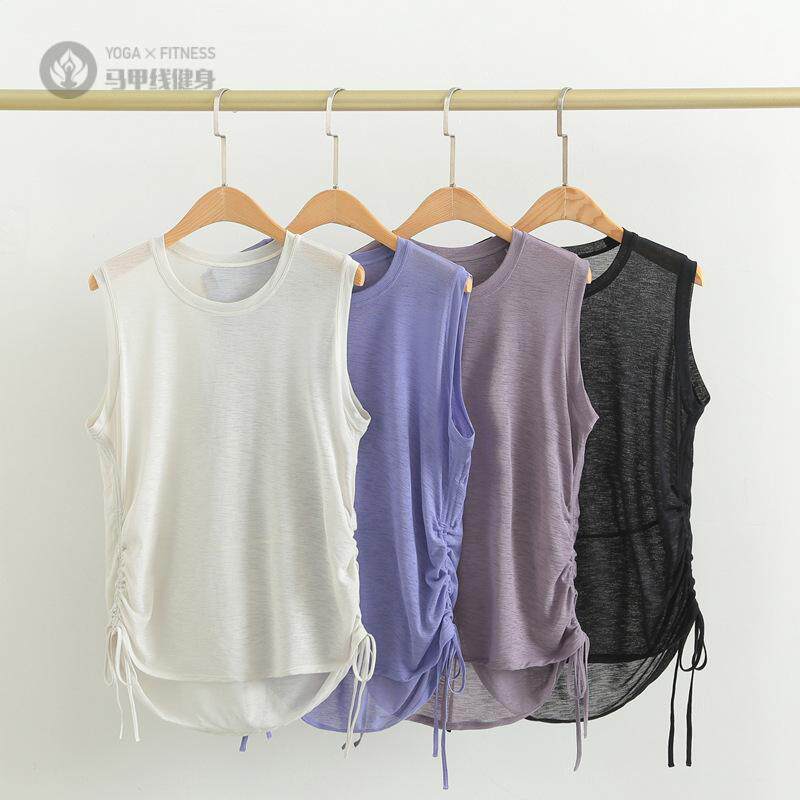 竹节纱夏季透气瑜伽背心女宽松圆领袖运动上衣薄款抽绳瑜伽罩衫