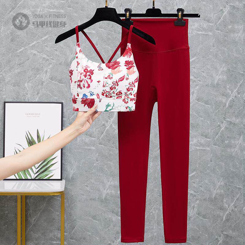 印花瑜伽服一体杯文胸套装外穿文胸美背套装健身房文胸高强度