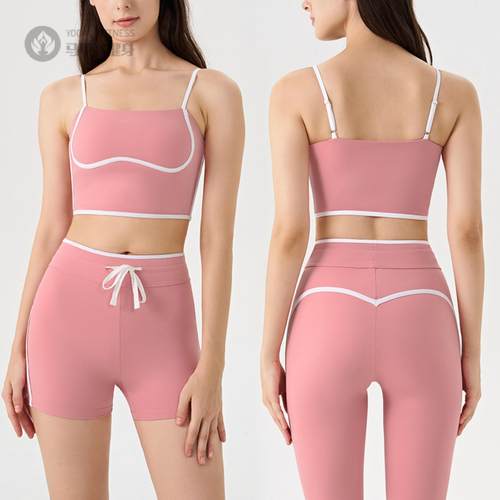撞色白条运动套装女短裤文胸