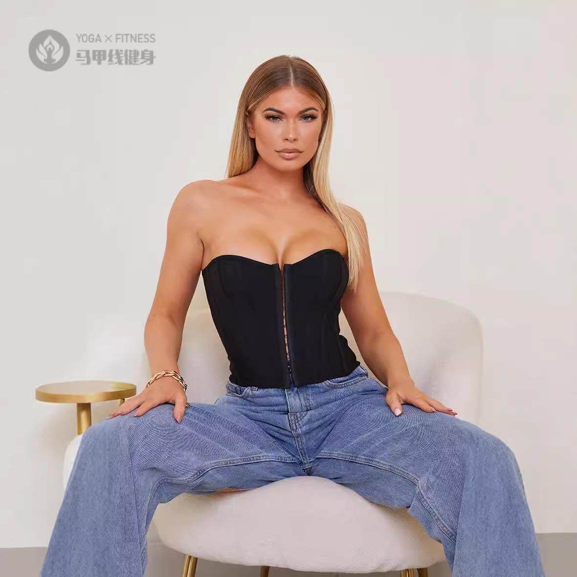 夏季辣妹修身前排扣鱼骨设计一字肩纯欲收腰抹胸上衣性感欧美风