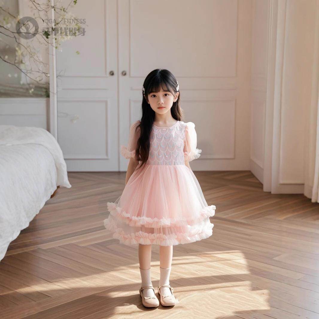女童网纱公主裙童装亮片泡泡袖连衣裙日常甜美生日宴会礼服裙