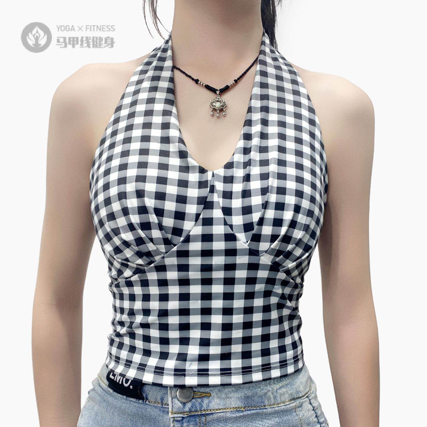格子挂脖V领性感带胸垫防震外穿美背大露背普拉提训练瑜伽背心女,运动/瑜伽/健身/球迷用品,瑜伽背心,淘宝优惠券,粉丝福利购,淘宝优惠卷