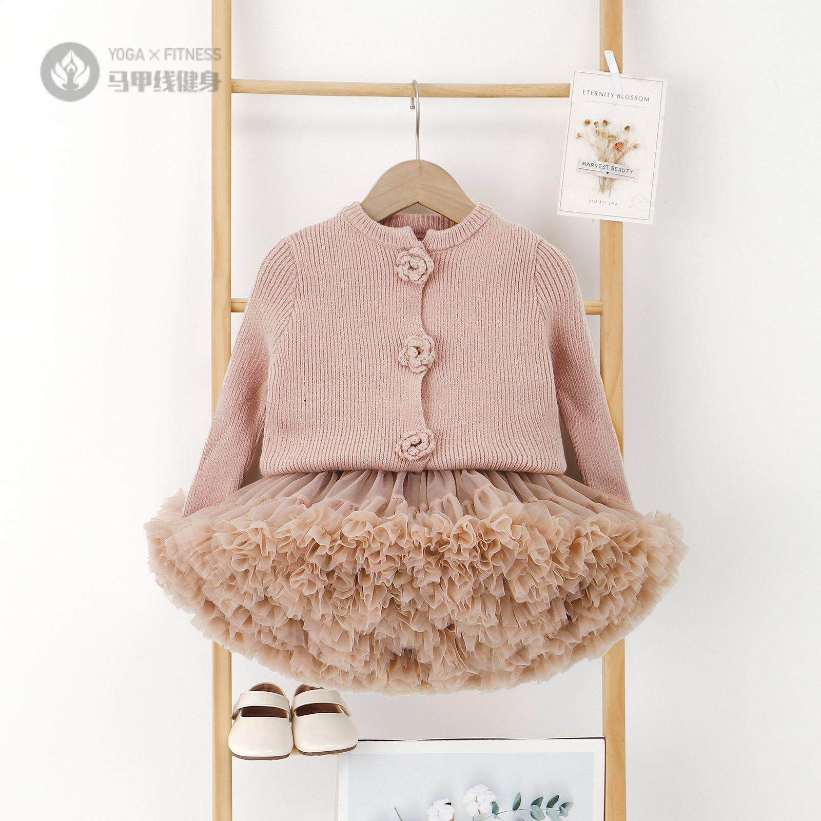 女童秋冬新款粉色花朵针织毛衣开衫uu裙套装花边可爱上衣毛衣