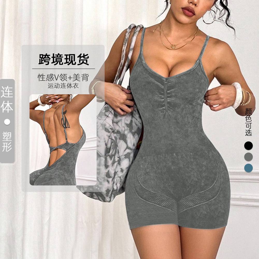 欧美性感V领美背抽褶连体短裤女