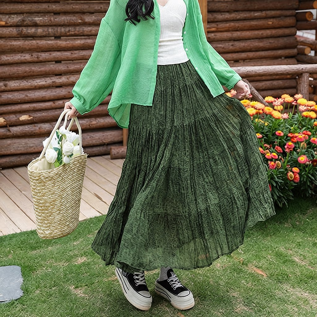 春夏绿色显白压褶大摆A字裙女