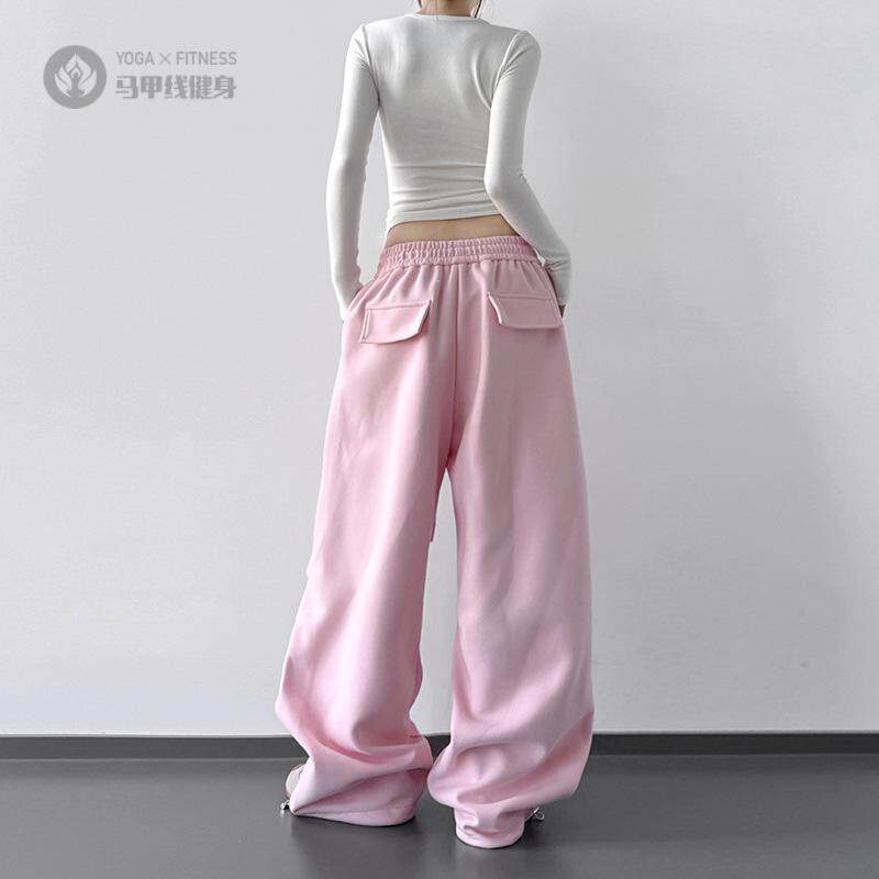 粉色运动裤女春秋季新款网红爆款韩系hi穿搭阔腿休闲裤