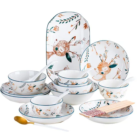 家用组合餐具套装日式陶瓷碗碟套装创意碗盘卡通可爱简约,餐饮具,瓷器套装,淘宝优惠券,粉丝福利购,淘宝优惠卷