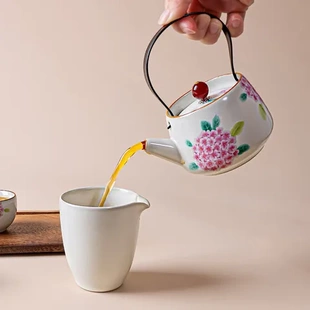 绣球花提梁壶汝窑开片泡茶壶可养功夫茶具高档家用中国风单壶陶瓷