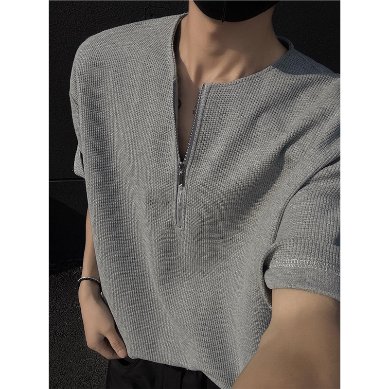 华夫格半拉链t恤男短袖夏季潮流痞帅男装夏款美式亨利衫半袖体恤