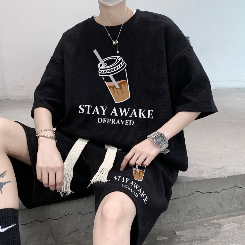 남성용 패셔너블한 스포츠 티셔츠 슈트 여름 와플 반팔 반바지 투피스 세트 트렌디한 브랜드 캐주얼 세트