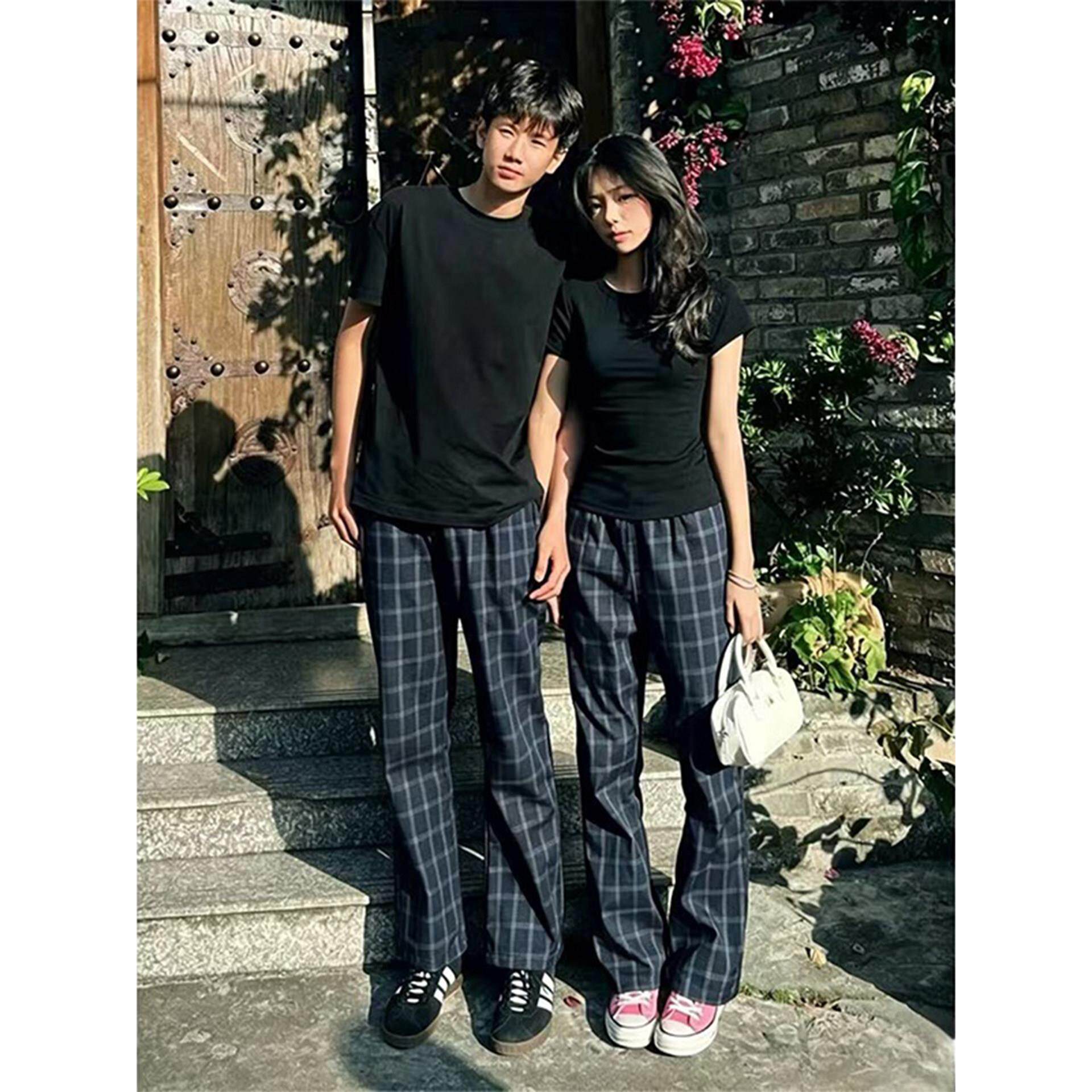 深蓝色弯刀格子裤男女夏季高级感痞帅微喇裤子美式休闲运动直筒裤