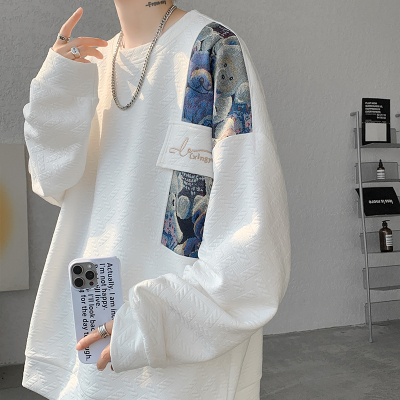 新中式国风白色重磅小熊刺绣圆领卫衣男设计感高级工装无帽外套秋