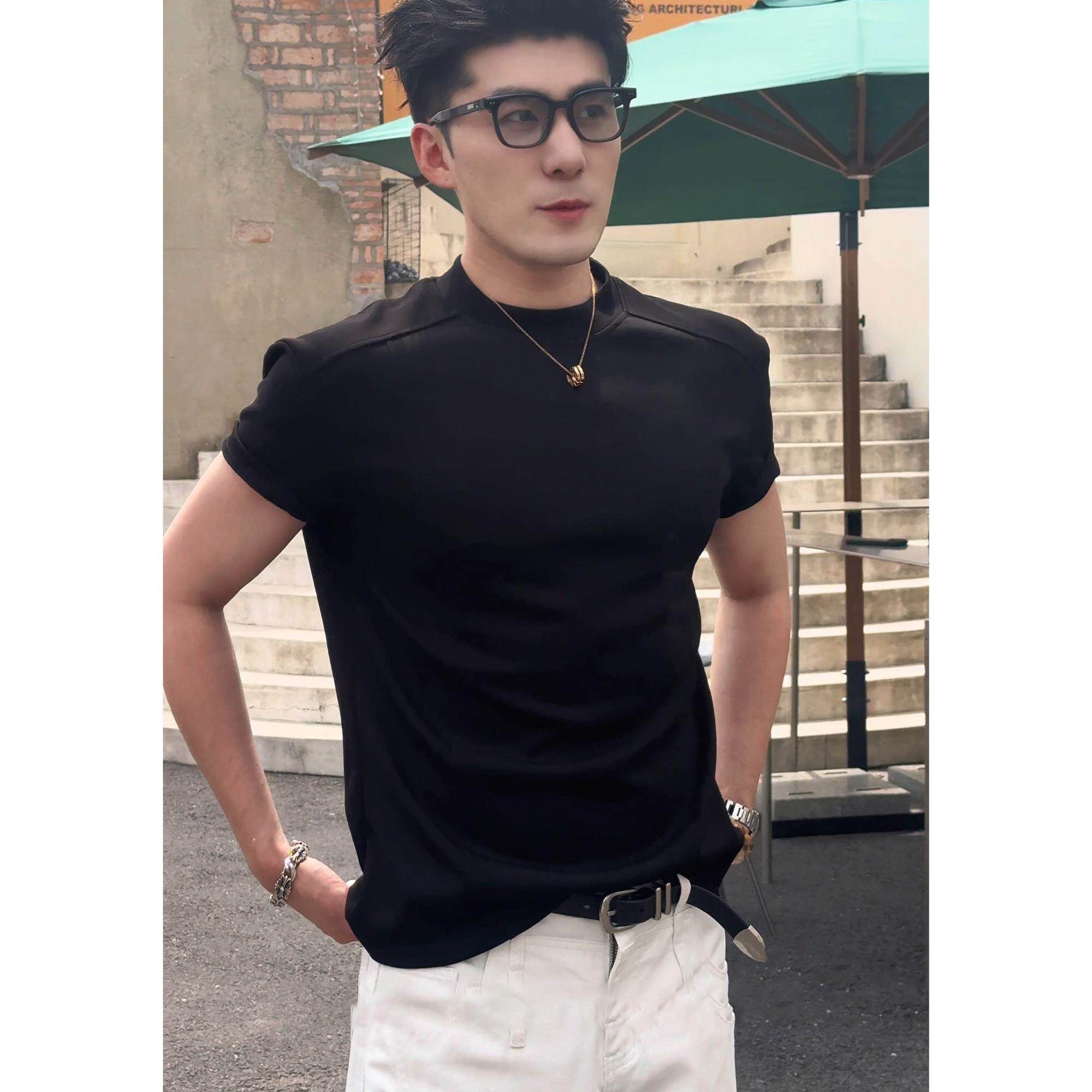 黑色正肩夏季运动收腰短袖体恤男解构拼接休闲上衣美式小领口半袖