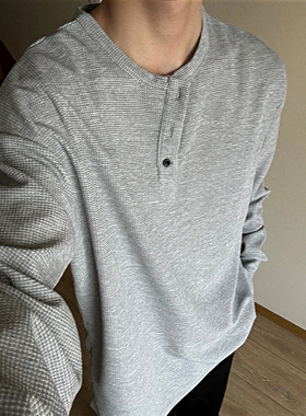 灰色亨利领长袖t恤男春秋季美式体恤衫华夫格宽松休闲内搭打底衫