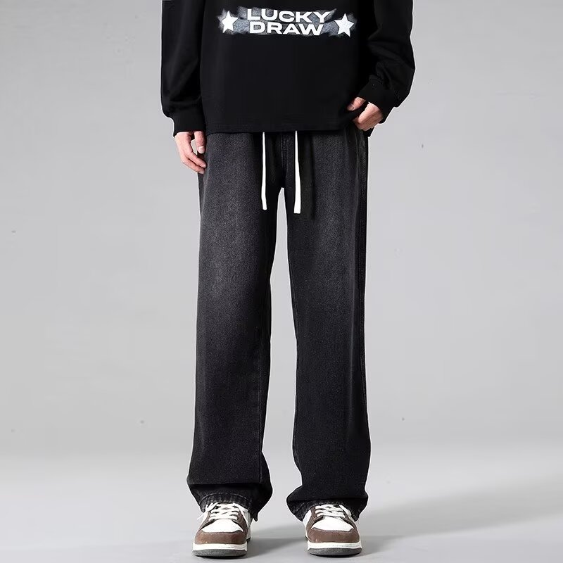 牛仔裤男黑色直筒长裤复古夏季