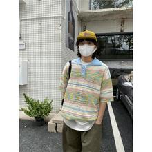 夏季彩色渐变镂空针织pool衫男女美式清新慵懒风翻领宽松休闲上衣