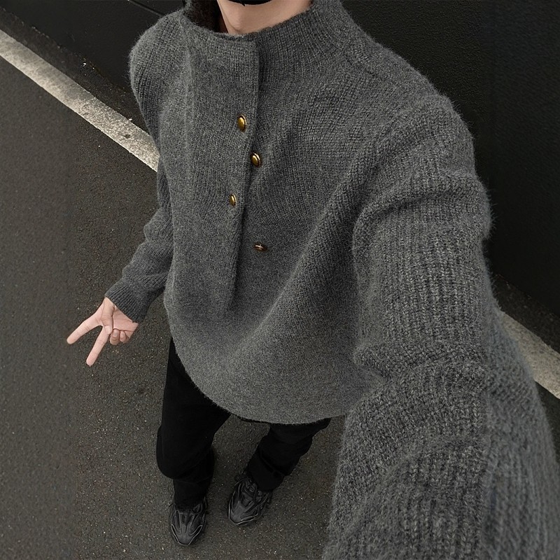 不规则纽扣设计感高领毛衣男韩系潮牌痞帅慵懒oversize针织衫上衣