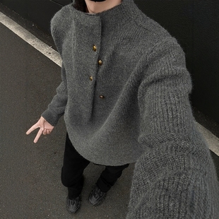 不规则纽扣设计感高领毛衣男韩系潮牌痞帅慵懒oversize针织衫上衣