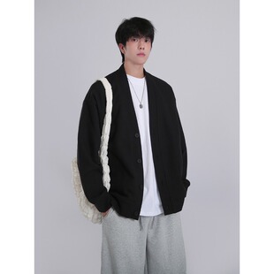 华夫格开衫外套男款韩系秋季新款慵懒风上衣情侣款美式无领夹克衫