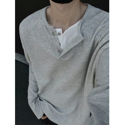 假两件亨利领长袖t恤男款2024春秋新款重磅内搭打底衫宽松上衣服