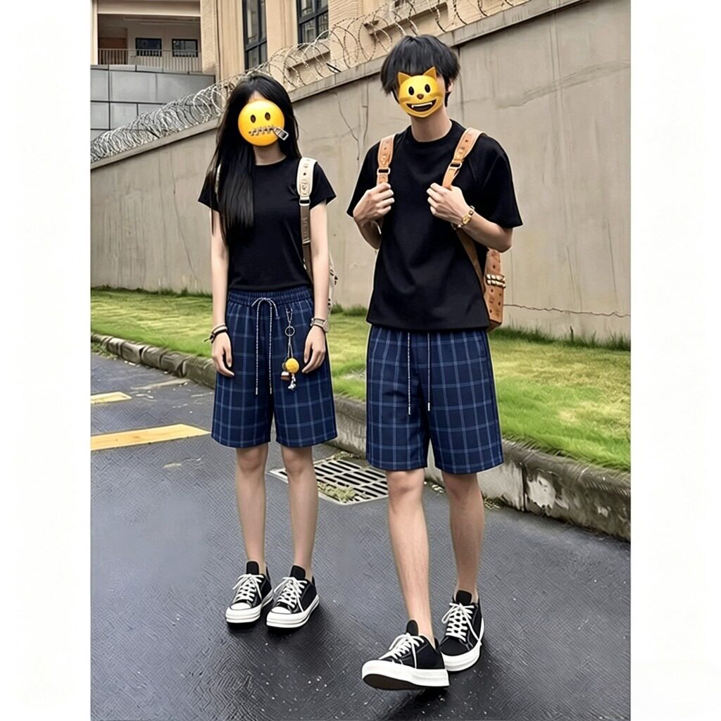 藏青色格子速干短裤男款夏季健身篮球运动冰丝裤子直筒宽松五分裤