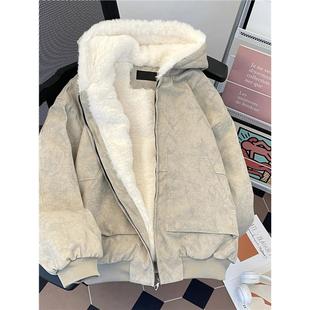 连帽棉袄外套 短款 加绒加厚座山雕棉衣男女冬季 羊羔毛棉服潮流美式