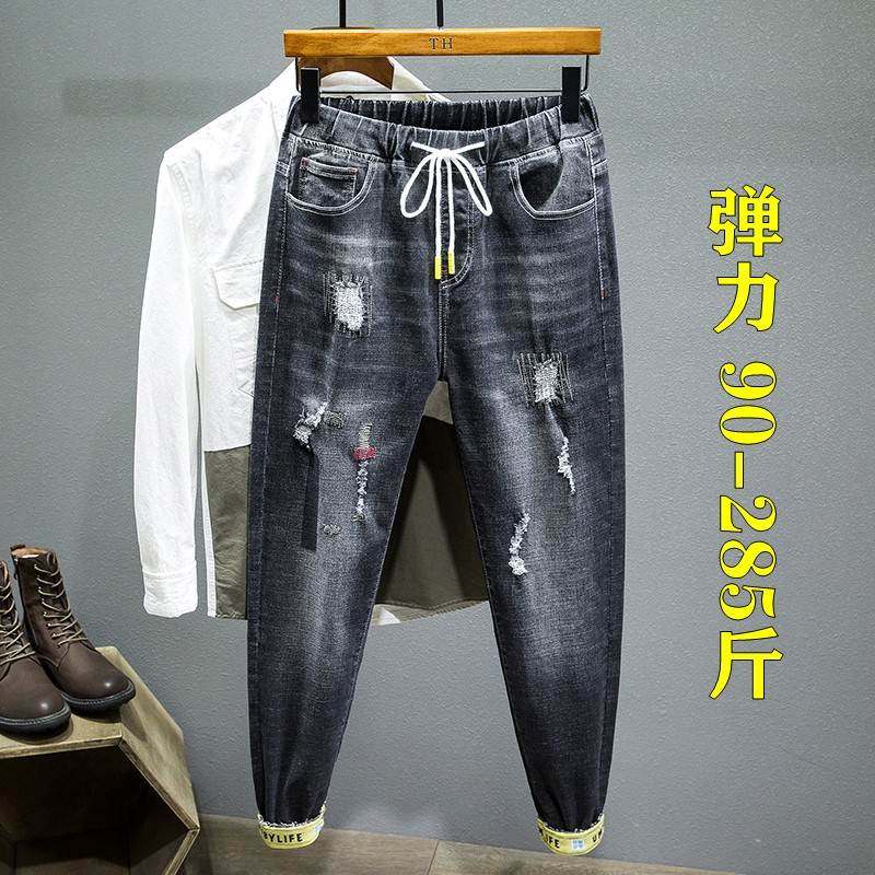 潮牌松紧腰加肥大破洞牛图片