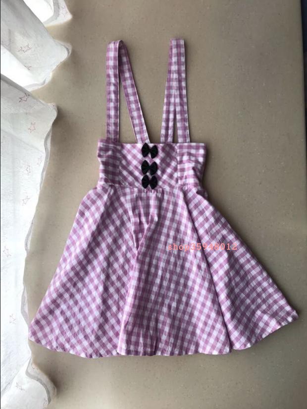 日本正品one spo 格子可爱蝴蝶结背带连衣裙